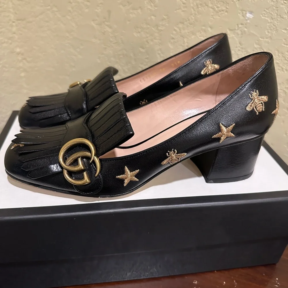 Gucci Black Leather Fringe Pumps with Gold Double G Accents